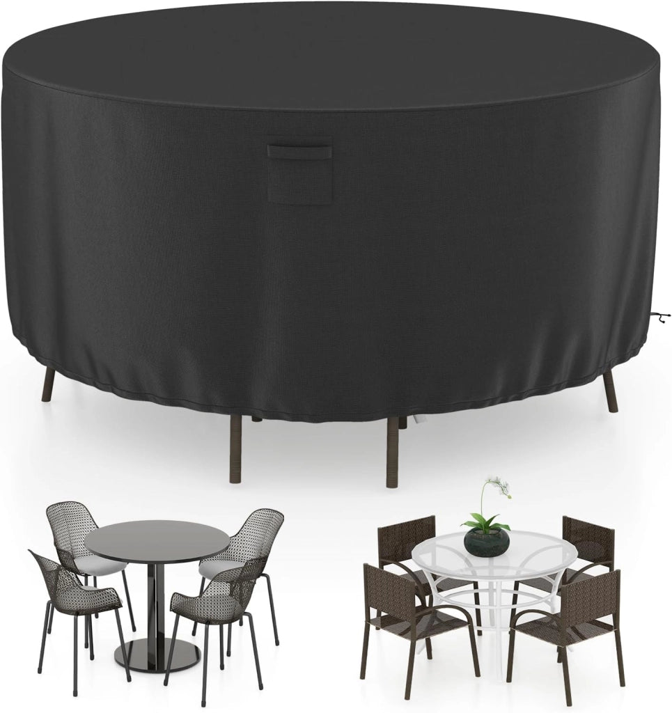 Copertura per Mobili da Giardino Rotonda da 158/183/213 CM, Copertura per Tavolo e Sedie da Esterno con Ventilazione, Fibbie e Coulisse, Impermeabile (L, Nero)