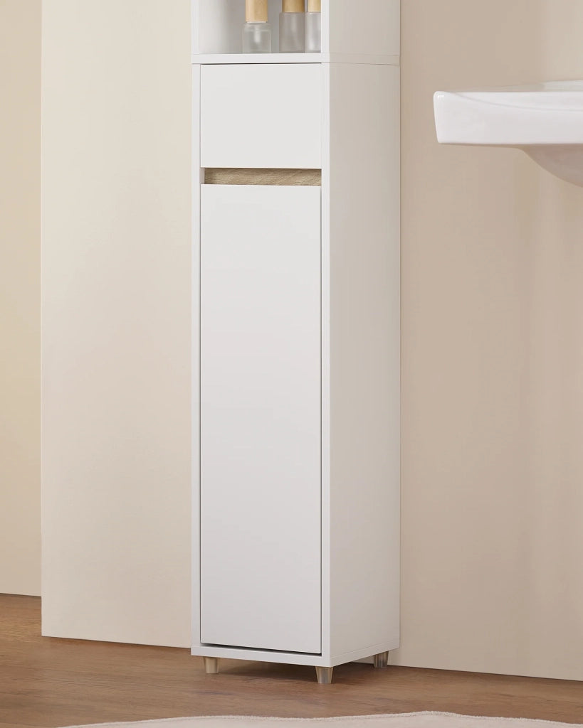 Armadio Colonna bagno, Mobile bagno alto con 2 Ante e 1 cassetto altezza: 180 cm Bianco-Naturale BZR34-WN