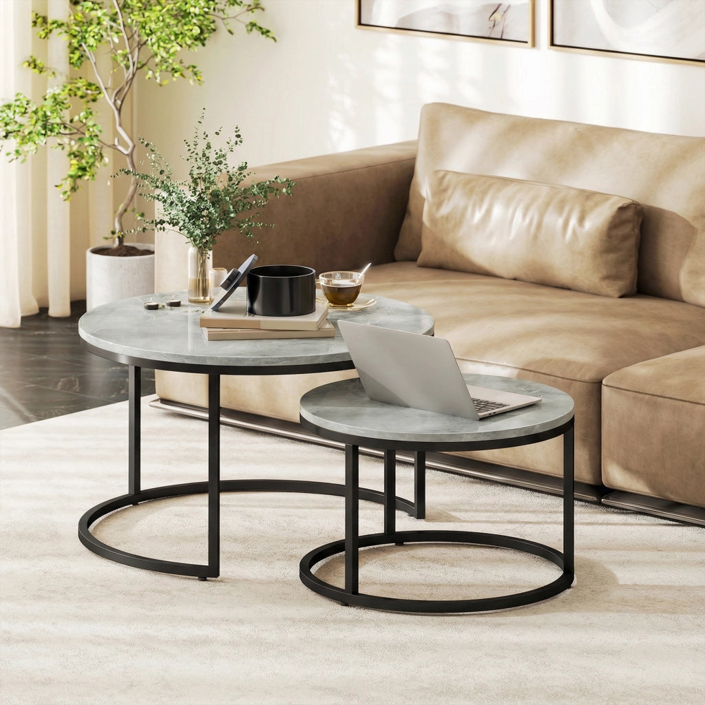 Set 2 Tavolini da Caff¨¨ Rotondi ¨C Xylo ¨C Effetto Marmo Grigio Legno Metallo
