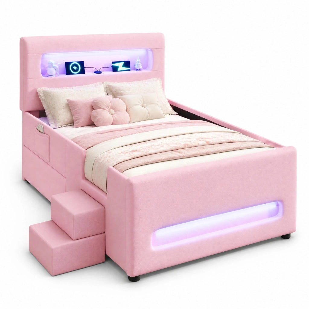 Letto a piattaforma imbottito 90x200 cm con cassetto; LED; PU e MDF; rosa