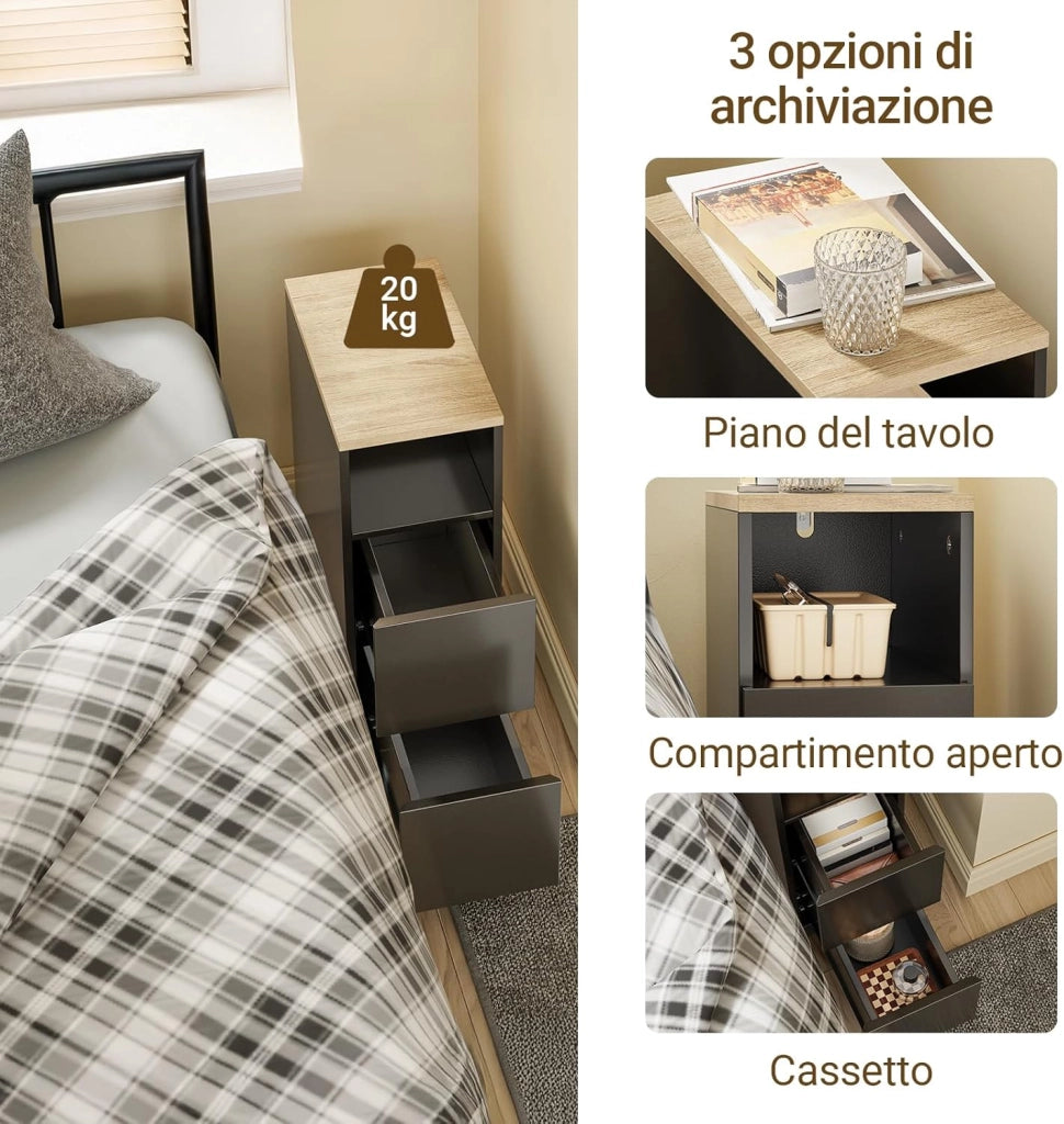 Comodino camera da letto 20 cm larghezza, Tavolino salotto con 2 cassetti & scomparto aperto per piccoli spazi, Comodino stretto per camera da letto soggiorno, 20x35x60 cm Nero, FBT149-SCH