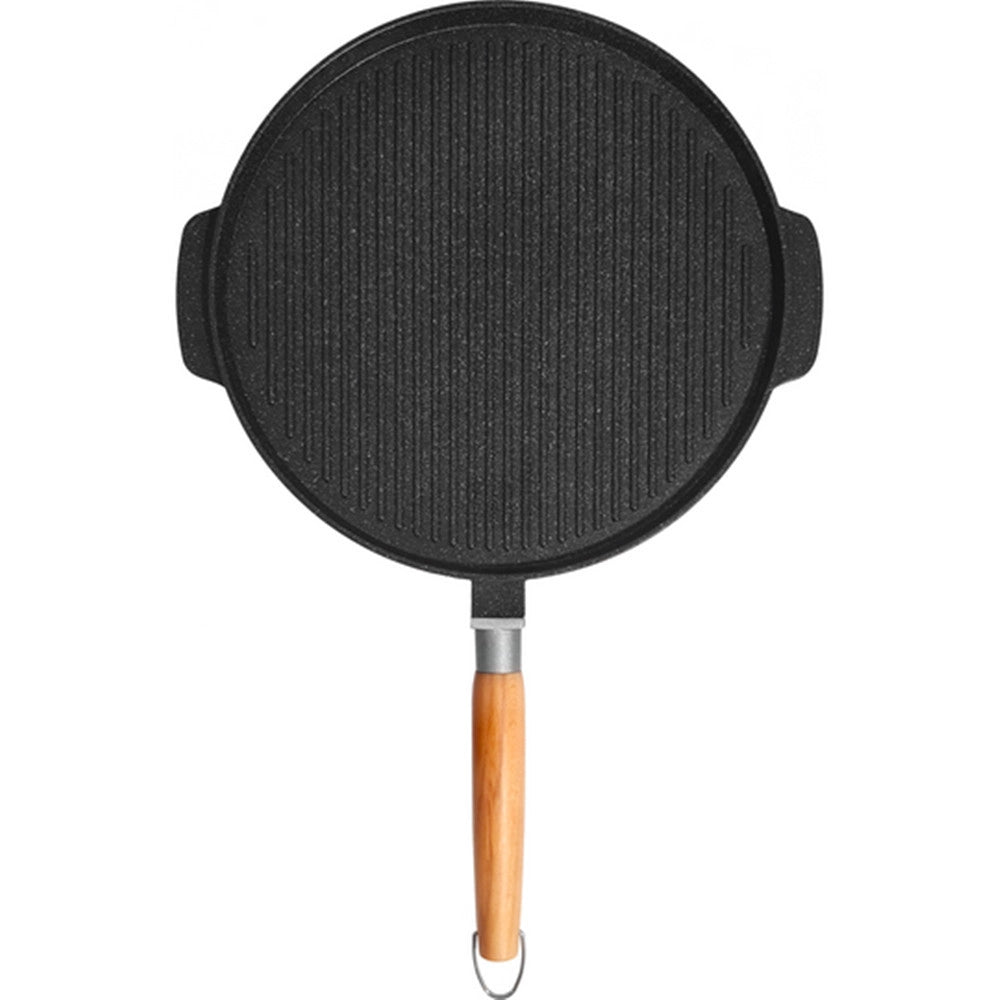 Trade Shop - Padella Piastra Bistecchiera Doppia Tonda 2 In 1 Antiaderente In Alluminio Legno ø32cm -