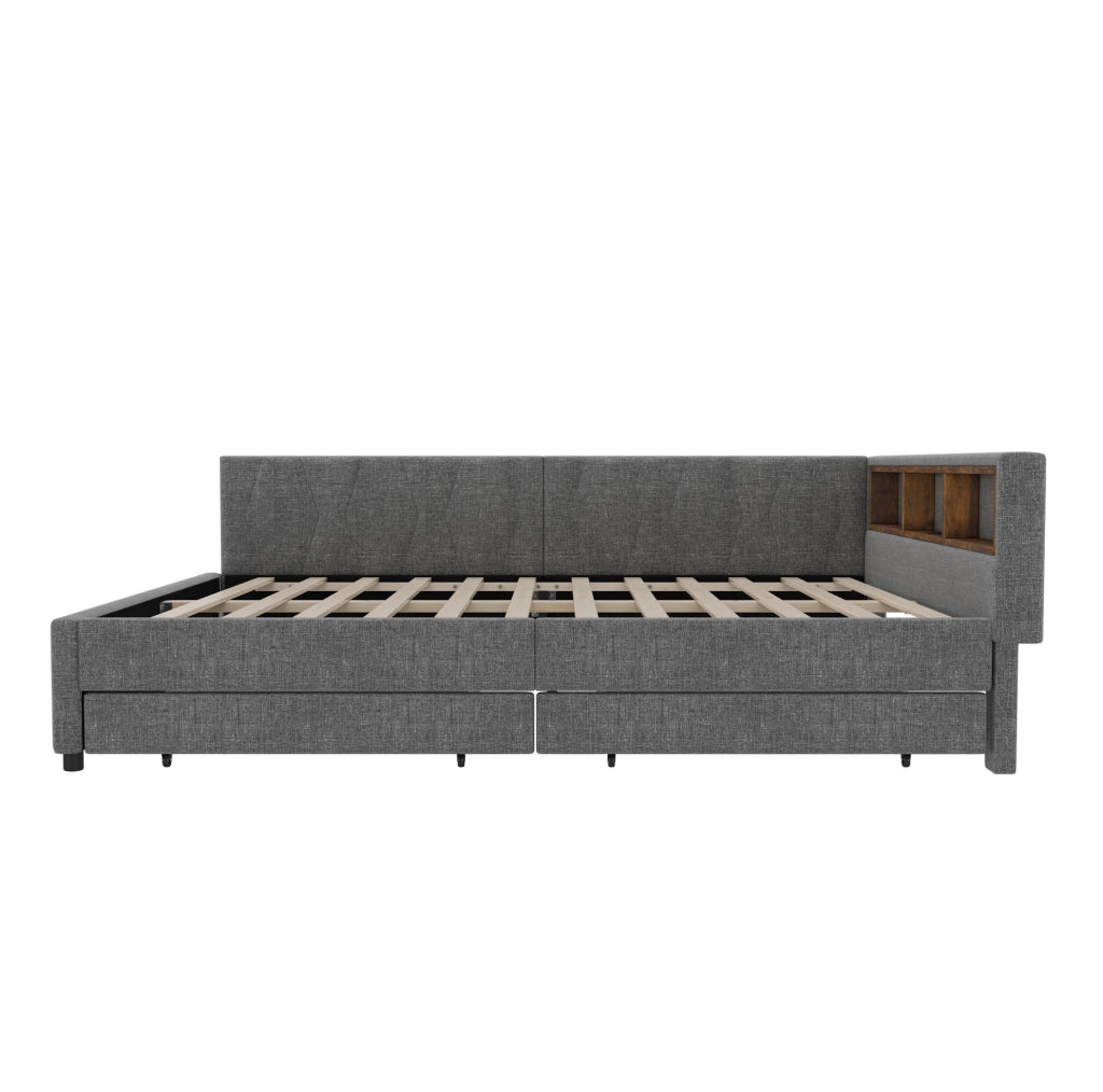 Letto 140x200 cm con LED; USB+Type C e cassetti in lino grigio