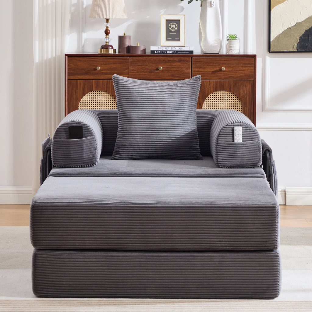 Poltrona modulare con pouf, con tasca laterale, in velluto a coste, Grigio scuro