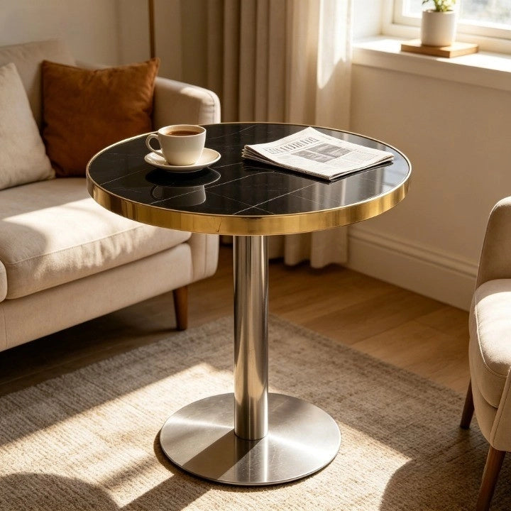 Tavolino basso rotondo con piano effetto marmo UV e bordo in acciaio inox color oro, per soggiorno, nero, in MDF