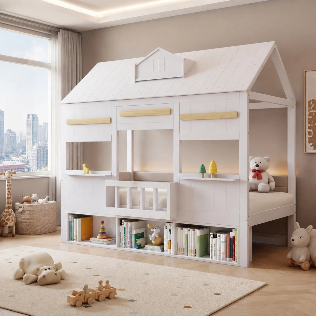 DESMIU Lit mezzanine enfant 90 × 200 cm con libreria, sans matelas, in legno massiccio e MDF, bianco