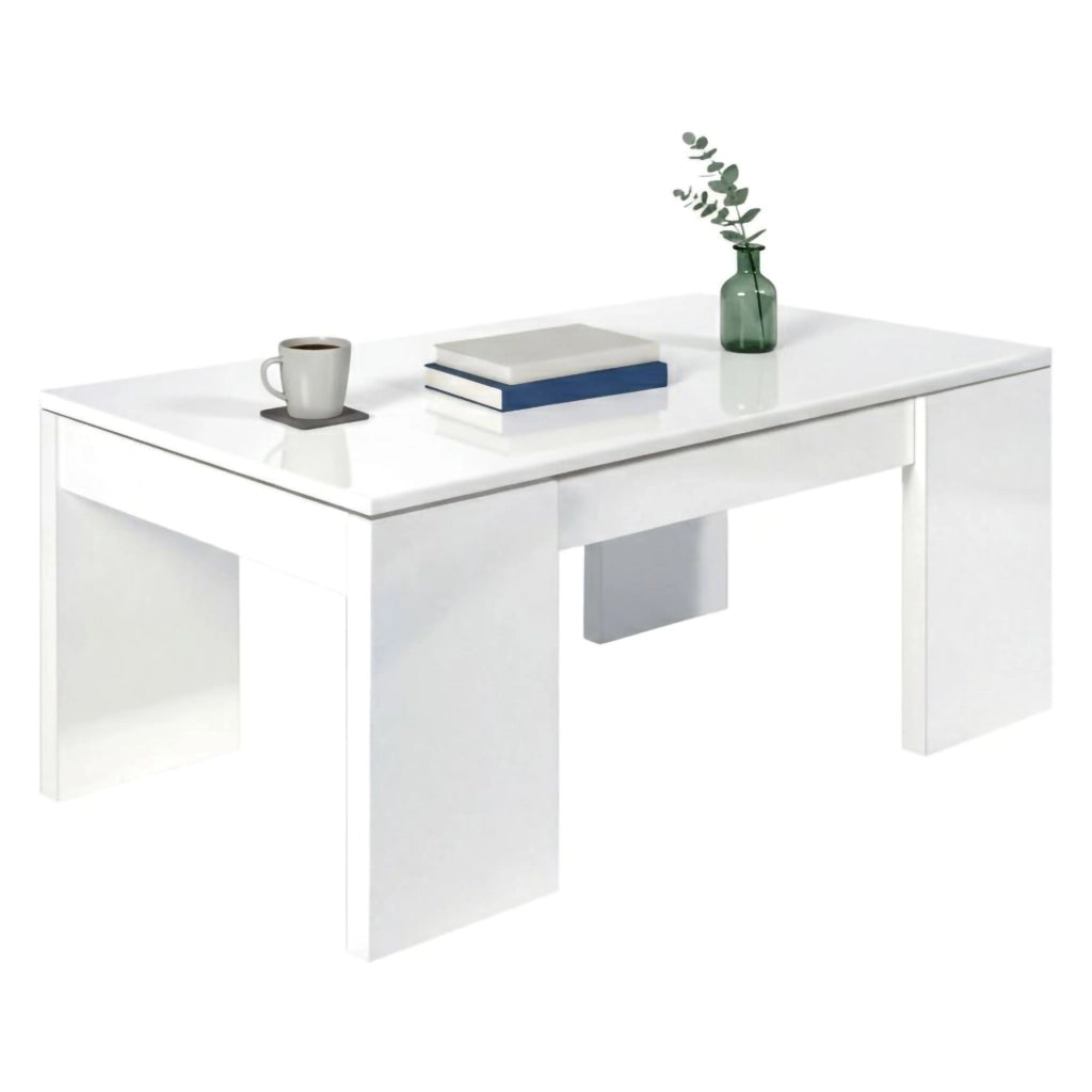 Tavolino da salotto Almo, Tavolino da caffè con piano elevabile, Tavolo basso da soggiorno, cm 100x50h43/84, Bianco lucido