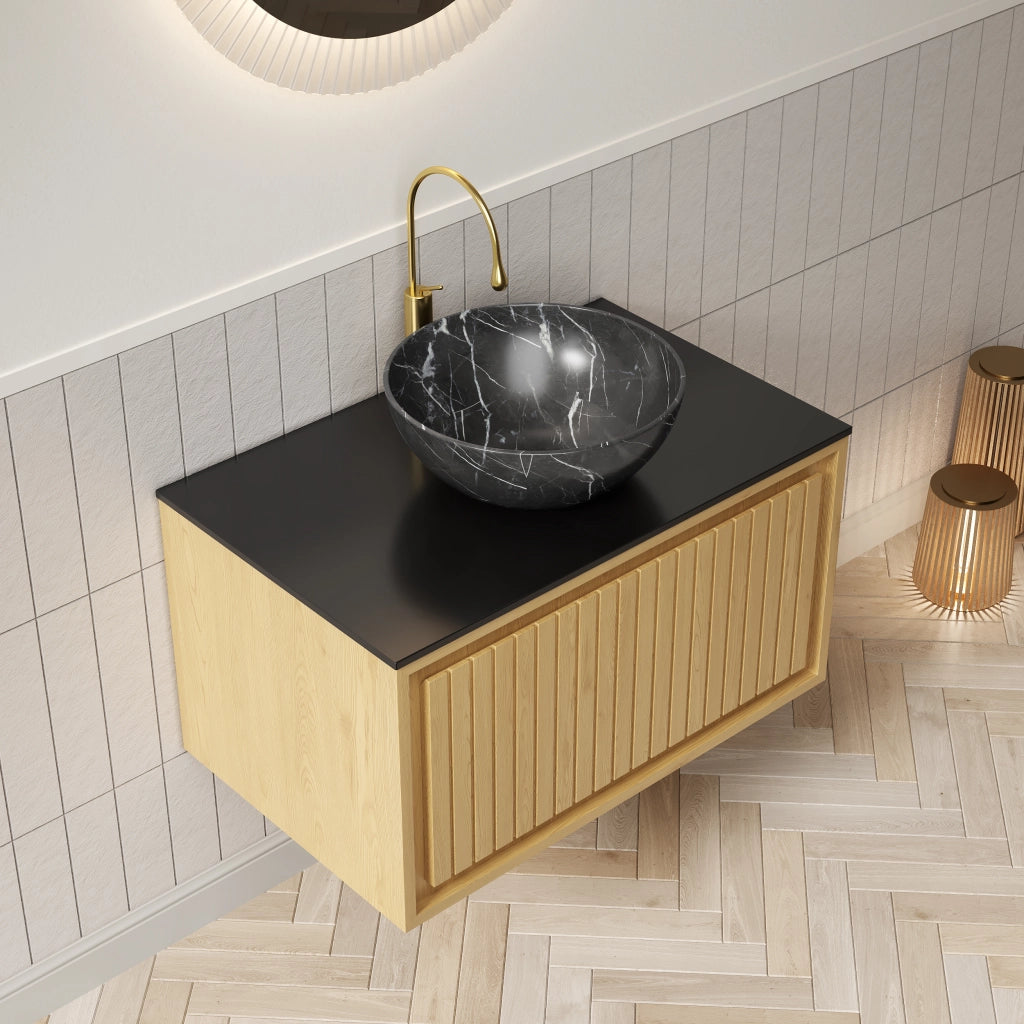 Mobile sottolavabo con lavabo in ceramica e piano in pietra sinterizzata, 1 cassetto per bagno, nero, 76 × 48 × 55.1 cm
