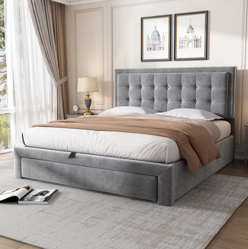 Letto imbottito in velluto grigio con testiera regolabile