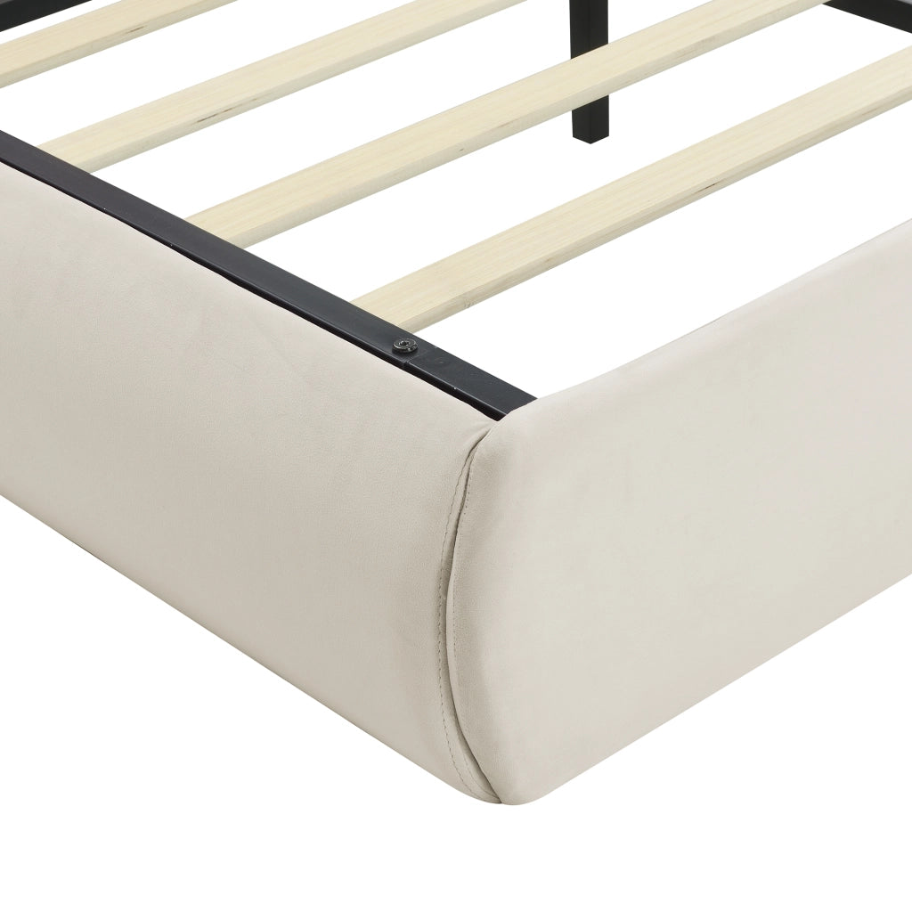Letto contenitore 140 × 200 cm idraulico imbottito in velluto beige con LED regolabile e due pouf contenitore