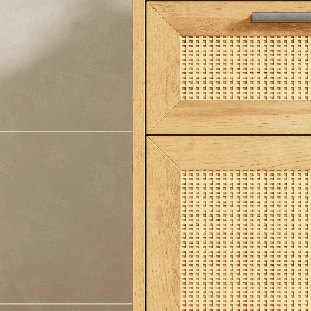 Mobile da Bagno Marhasa con Cassetto e Anta 92 x 40 x 30 cm - Effetto Rovere / Rattan / Nero [en.casa]