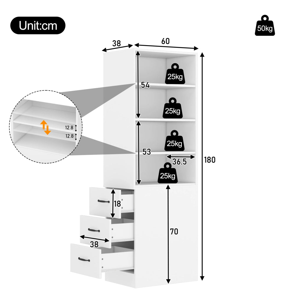 Libreria con 3 cassetti e 4 vani aperti, ripiani regolabili, per piccoli spazi, in truciolato, bianco, 60 × 38 × 180 cm