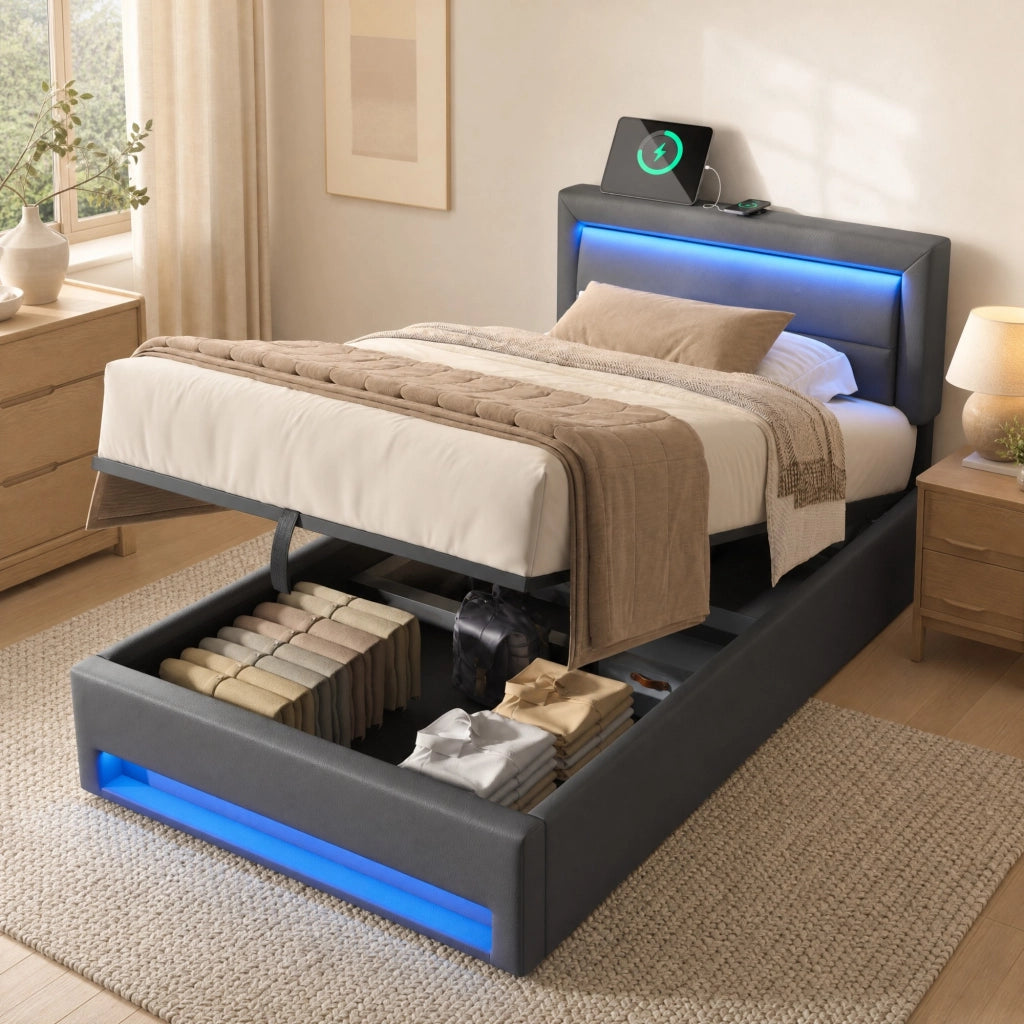 DESMIU Letto Singolo 1 Posto con USB, LED e Vano Contenitore 90 × 190 cm, senza Materasso, in PU Grigio