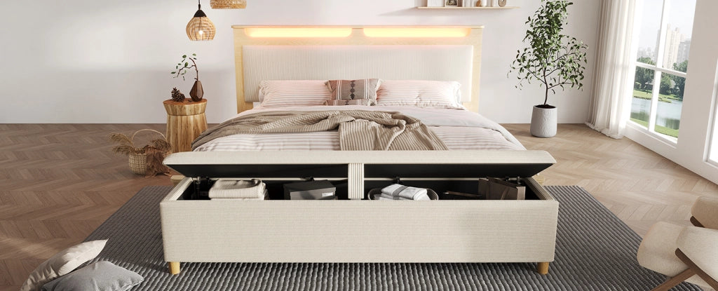 Letto 140x200 cm con contenitore e LED in legno e corduroy beige