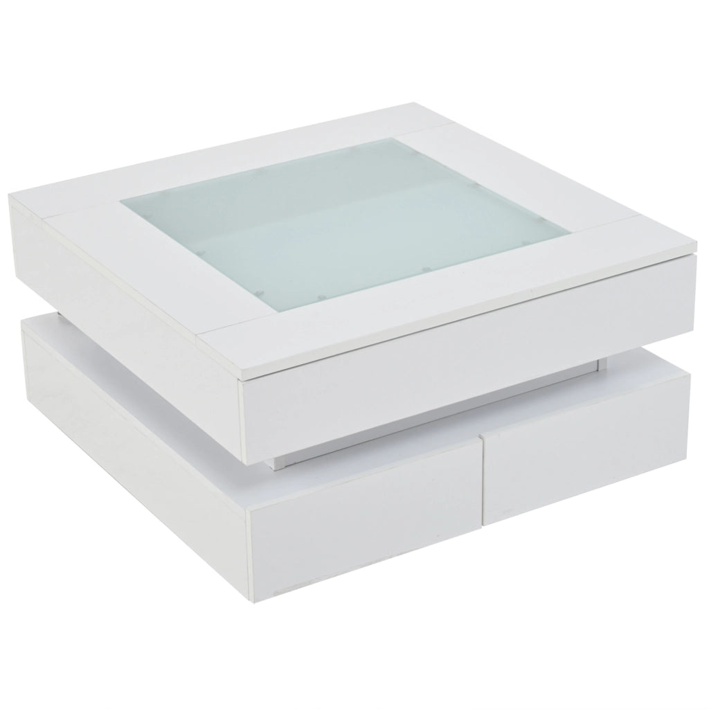Tavolino da caffè 70x70x35 cm con illuminazione LED; 3 cassetti; vetro e pannello truciolare bianco