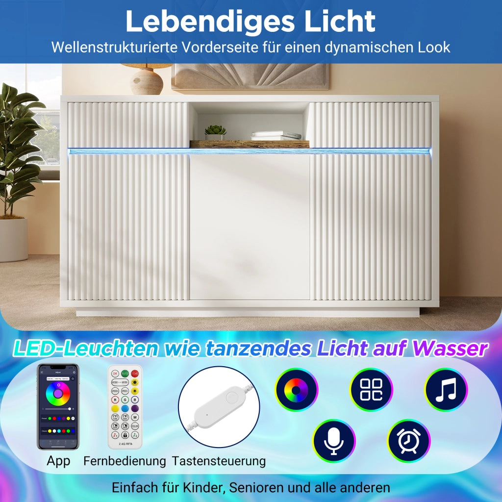 Credenza bianca con LED 2 cassetti 3 ante e ripiani regolabili in MDF e pannello truciolare 140 × 40 × 85 cm
