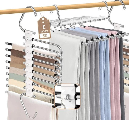 Set di appesi per pantaloni premium a 3 livelli - Risparmio di spazio - Appesi per abiti in metallo per pantaloni - Organizzatore per jeans e asciugamani - Sostegno per pantaloni per armadio - 9 livelli di appendiabiti