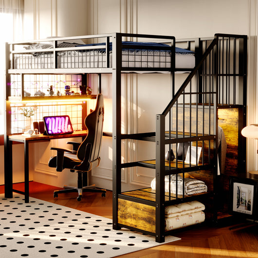 Letto a castello 90x200 nero - Xylo - con illuminazione e ripostiglio