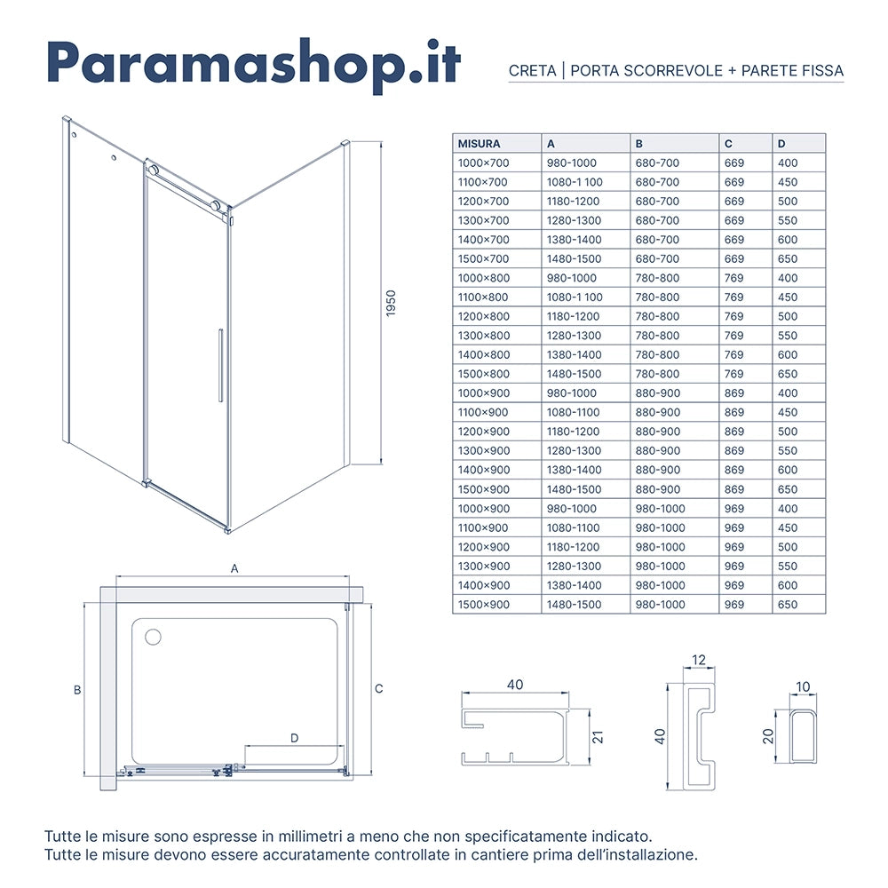 Box doccia 70x100 cm scorrevole vetro 8mm fumé profili nero opaco h195cm | Creta