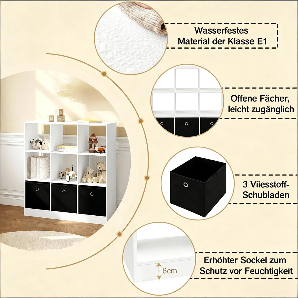 Libreria a cubi salvaspazio con 3 cassetti in tessuto, legno ingegnerizzato, bianco e nero, 80 × 86,5 × 30 cm