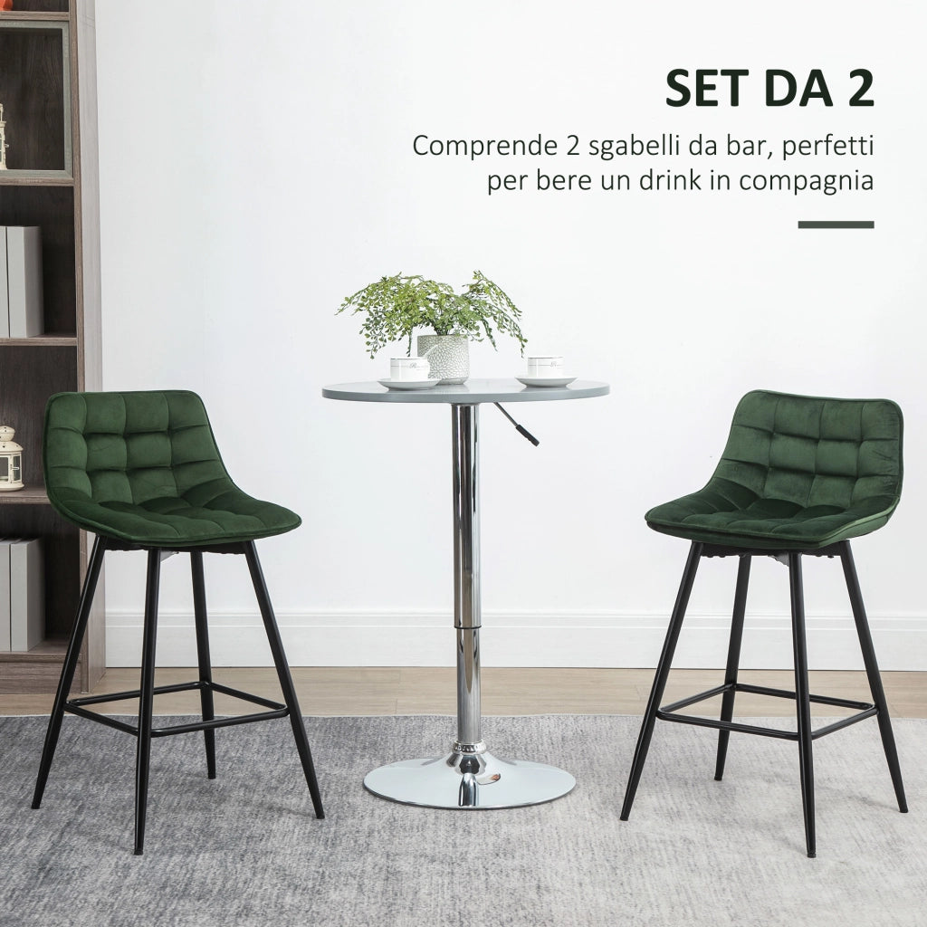 SET 2 SGABELLI CON SCHIENALE E POGGIAPIEDI IN METALLO E VELLUTO VERDE 45X47X88C