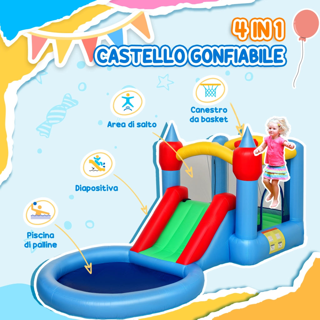 Castello Gonfiabile Trampolino 4 in 1, Scivolo, 415x205x190cm, Multicolore