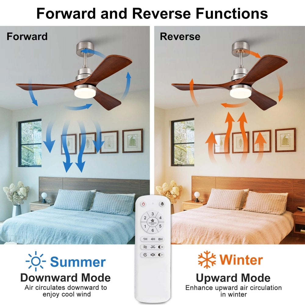Ventilatore da soffitto da 42 pollici ¨C Minimal ¨C legno, con luce e telecomando, 3 pale, finitura nichel seta