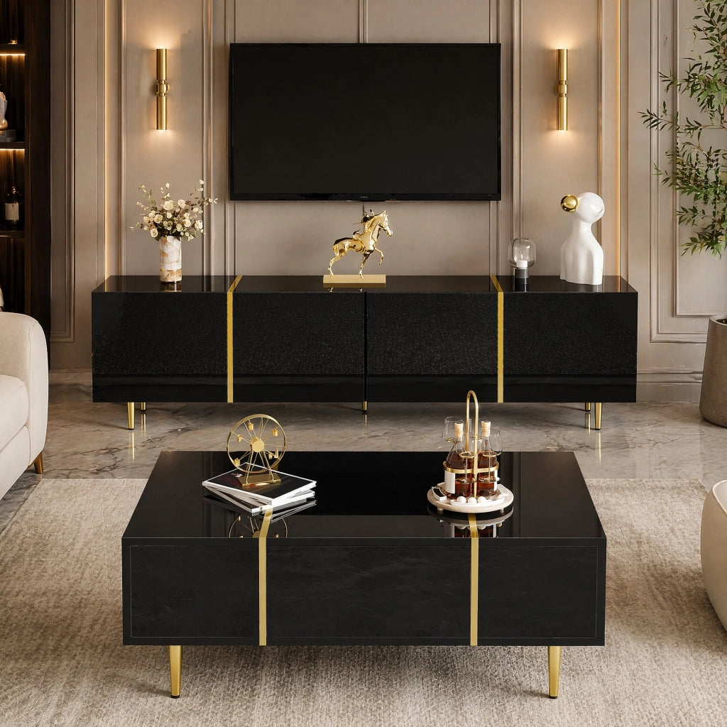 MOBILE TV e TAVOLINO Set 2 unità Nero lucido MDF con dettagli oro