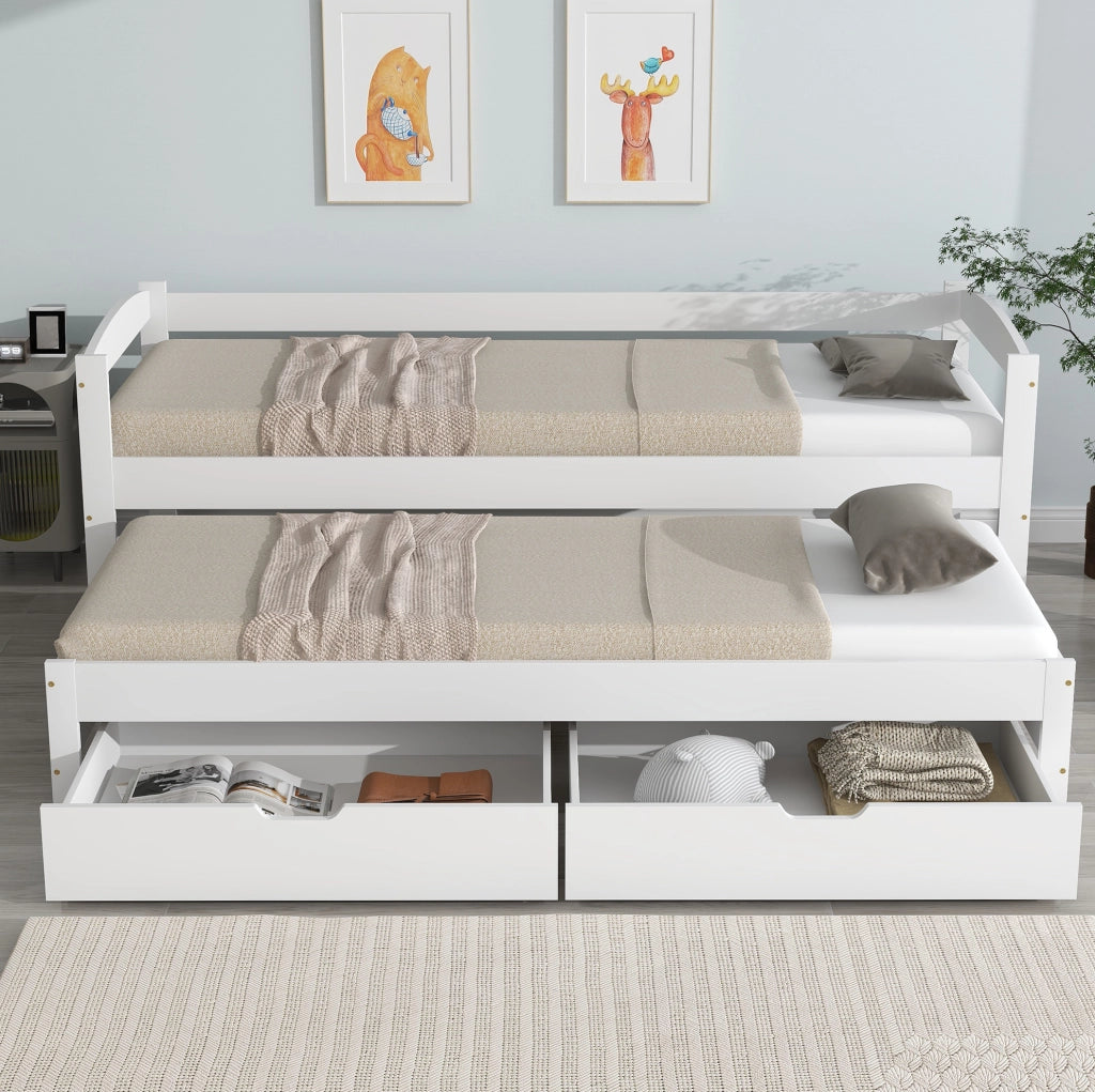 Letto multifunzione con letto estraibile, 2 cassetti e struttura in legno bianco