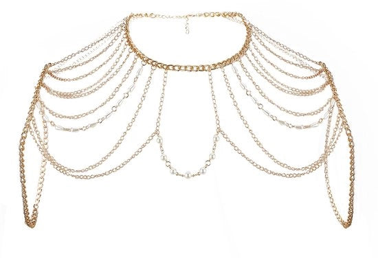 Collana a catena con perle d'oro - Accessorio festivo - Catena adattabile - Materiale duraturo - Multi-strato
