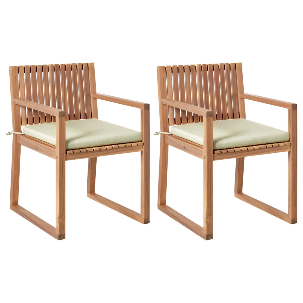 Set di 2 sedie da pranzo da giardino per esterni in legno d'acacia con cuscini verde chiaro resistente agli agenti atmosferici dal design classico