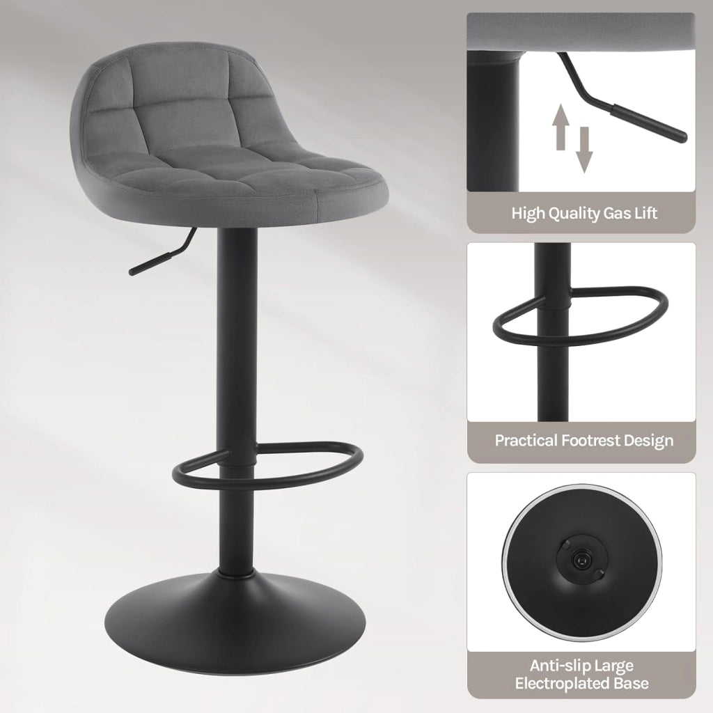 Set di 2 Sgabelli da Bar con Schienale Sedia Alta da Cucina Imbottita Seduta Regolabile in Altezza 60-82cm con Poggiapiedi Girevole a 360° in Velluto, Grigio Scuro BH317dgr-2