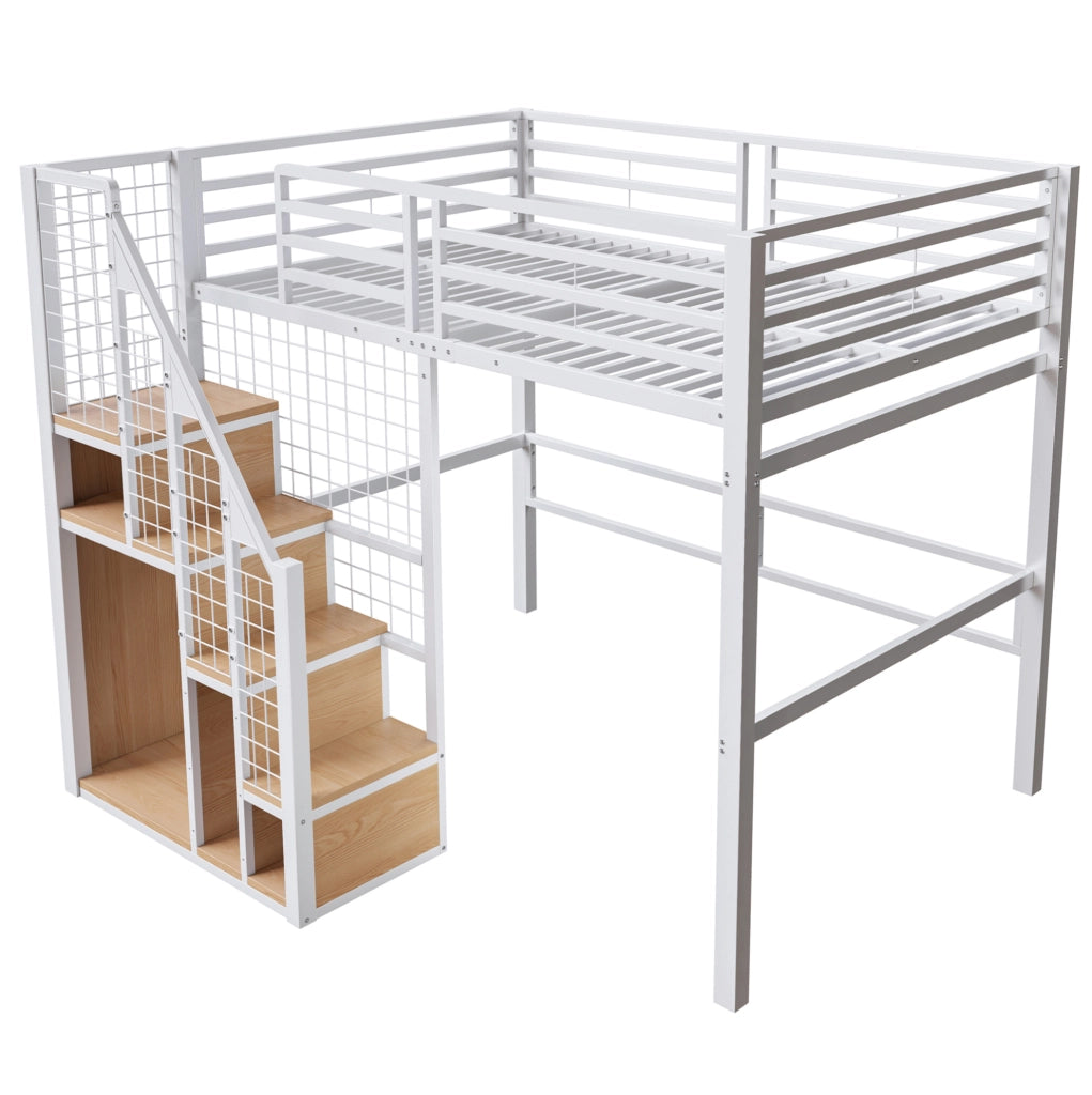 Letto a castello alto 140x200 cm con scala; struttura in metallo; bianco