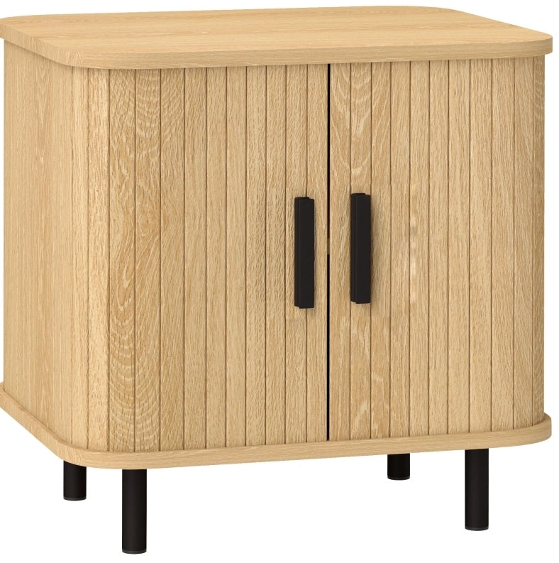 Comodino 48x40x48 cm con ante scorrevoli e 2 ripiani in pannelli truciolari e acciaio naturale