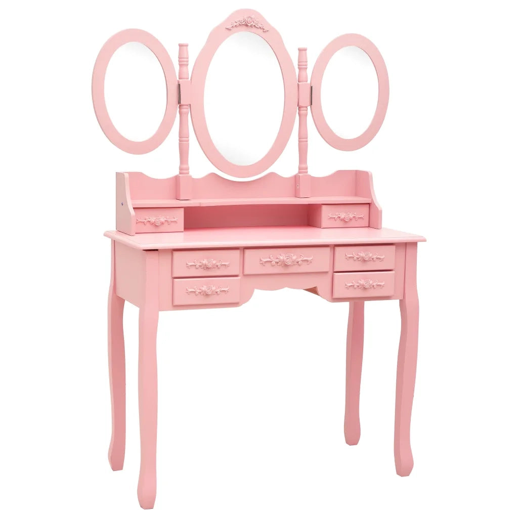 Tavolo da Trucco con Sgabello e Specchio Pieghevole in 3 Rosa-Tavolo da Vanit¨¤