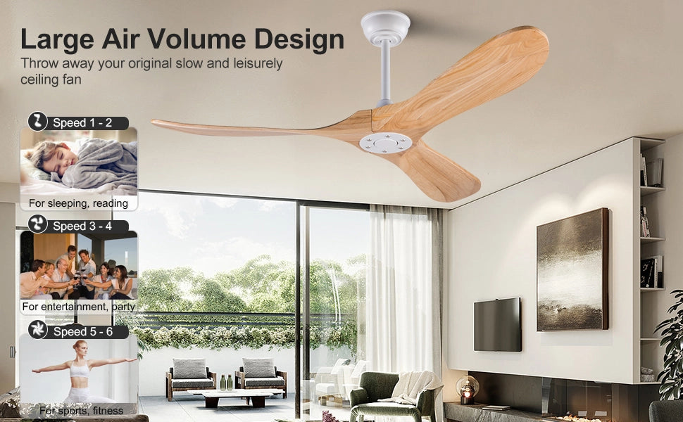 Ventilatore da soffitto 52 pollici, 3 pale legno, design ad elica, funzione memoria, telecomando, finitura noce, per terrazze e soggiorni