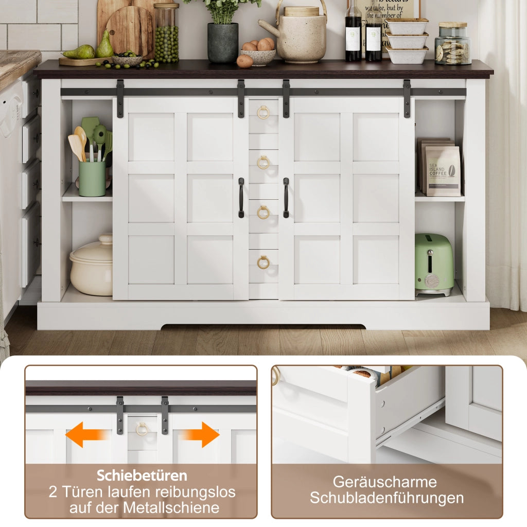 Credenza con 2 ante scorrevoli; 4 cassetti e ripiani regolabili per cucina in MDF bianco 150×40×85 cm