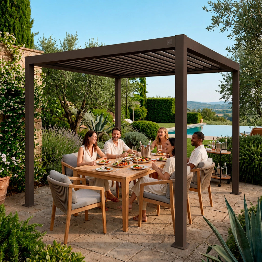Gazebo Pergola Bioclimatica Con Lamelle Regolabili Sistema Di Deflusso Dell Acqua Struttura In Alluminio E Acciaio Resistente Ai Raggi UV Ideale Per Giardino Terrazza E Piscina 3x4 Metri Marrone Opaco