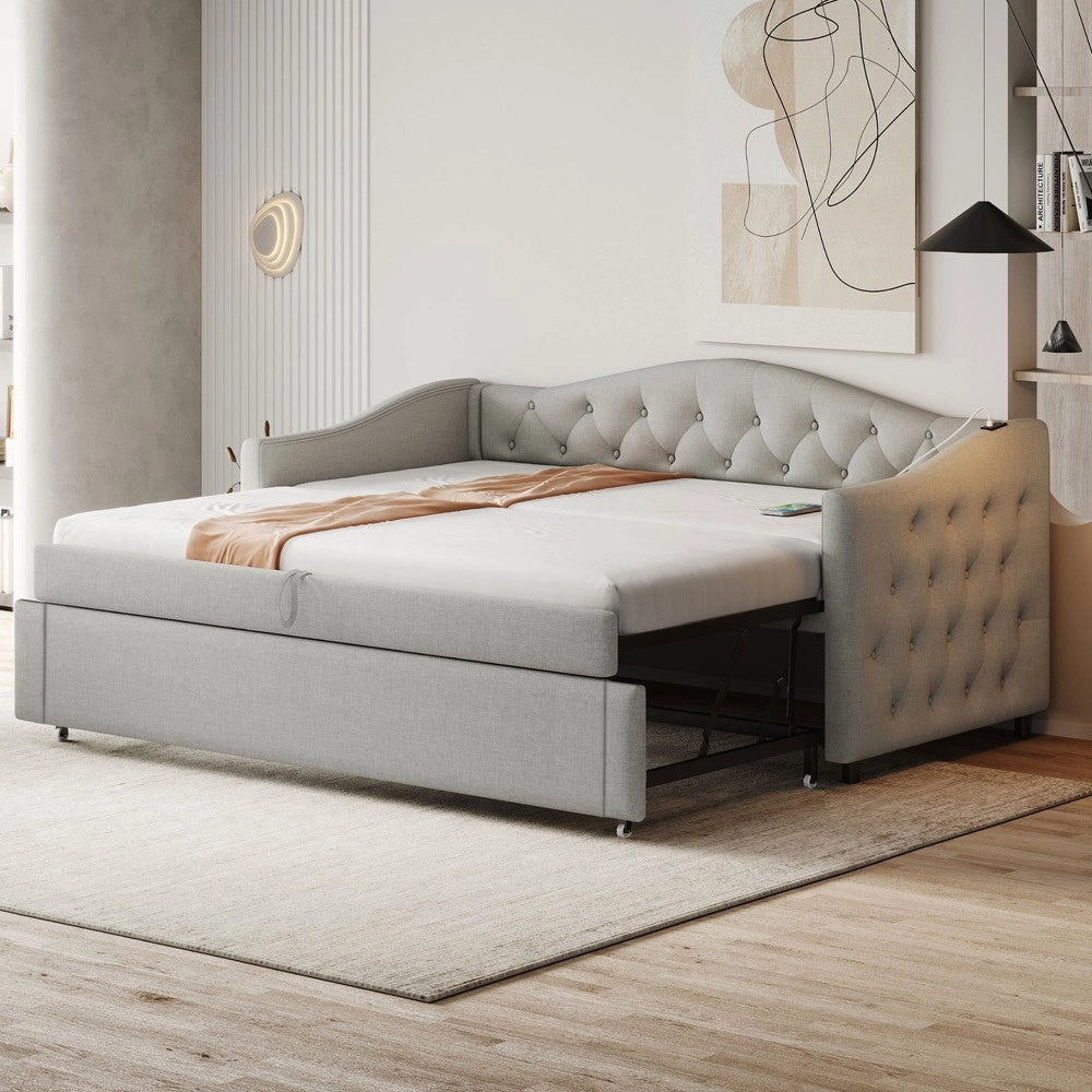 Letto Imbottito Singolo Estraibile con Rete a Doghe ¨C MINIMAL ¨C Tessuto Lino Grigio 90x200