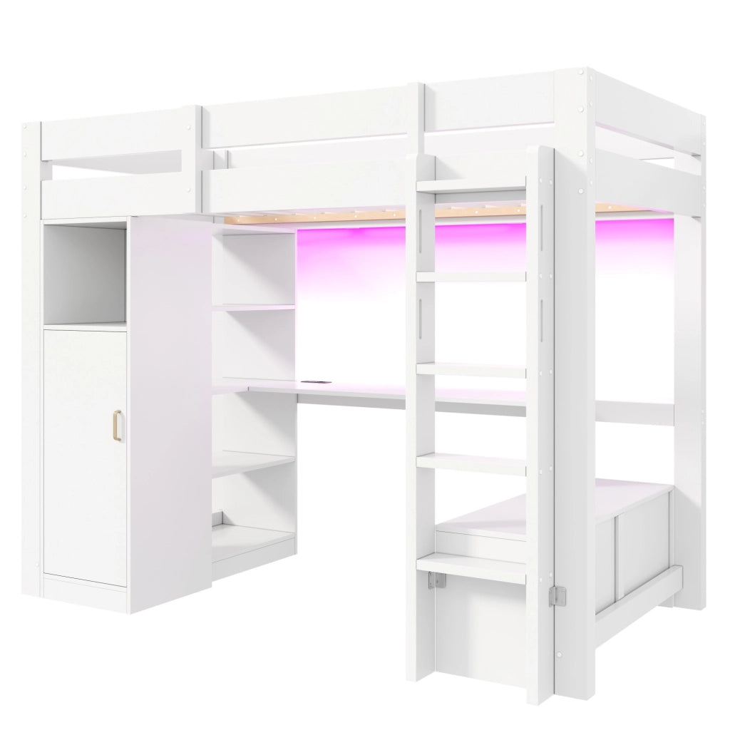 Letto a Soppalco 90 x 200 cm; Letto Singolo - Scrivania; Armadio; LED e USB - Bianco