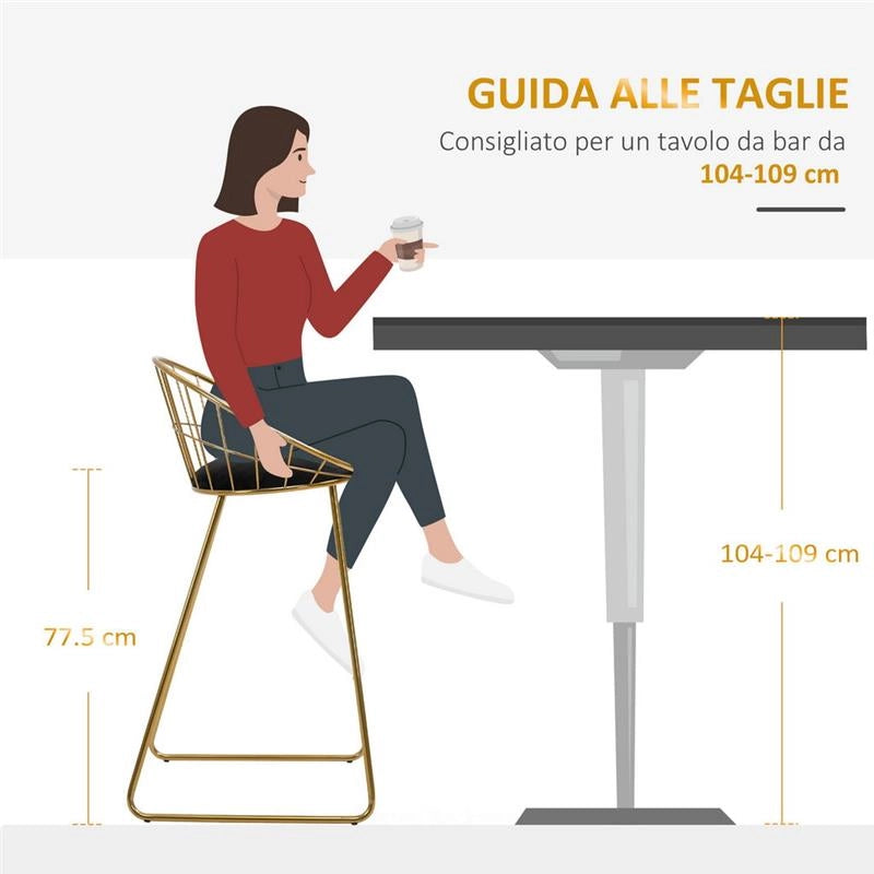 SET 2 SGABELLI CON POGGIAPIEDI E STRUTTURA IN METALLO DORATO CUSCINO IN VELLUTO