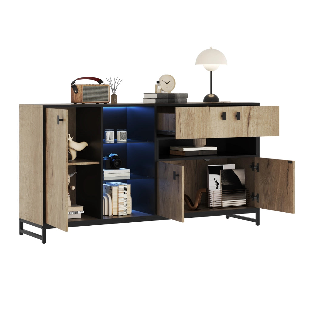 Credenza con 2 ante; ripiano regolabile e illuminazione LED - per soggiorno - 160×40×84.5 cm - naturale