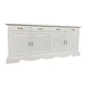 Credenza madia Alberta in legno 4 ante bugnate bianco anticato con zocolo sagomato