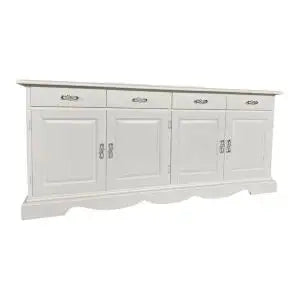 Credenza madia Alberta in legno 4 ante bugnate bianco anticato con zocolo sagomato
