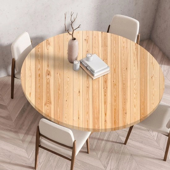 Tavolo con bordo elastico, forma rotonda, pieghevole 3D stampato, asciugabile tavolo per interni ed esterni, asciugabile, per cucina, sala da pranzo, tavoli da picnic, 80 cm, legno chiaro.