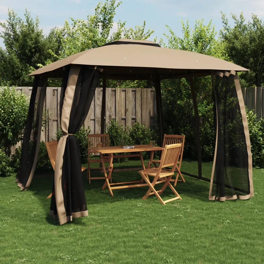 Gazebo con Tetto Doppio/Pareti Rete Tortora 2,93x2,93 m Acciaio 368450