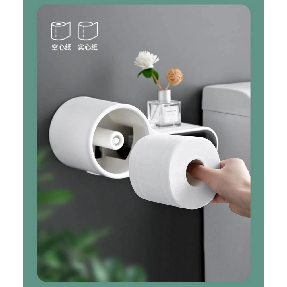 Trade Shop - Porta Rotolo Carta Igienica Con Cassetto Multifunzione Adesivo A Parete Bagno -