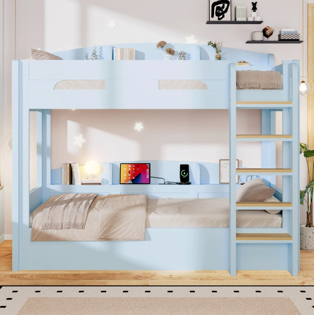 Letto a castello 90x200 cm blu con USB e ripiani