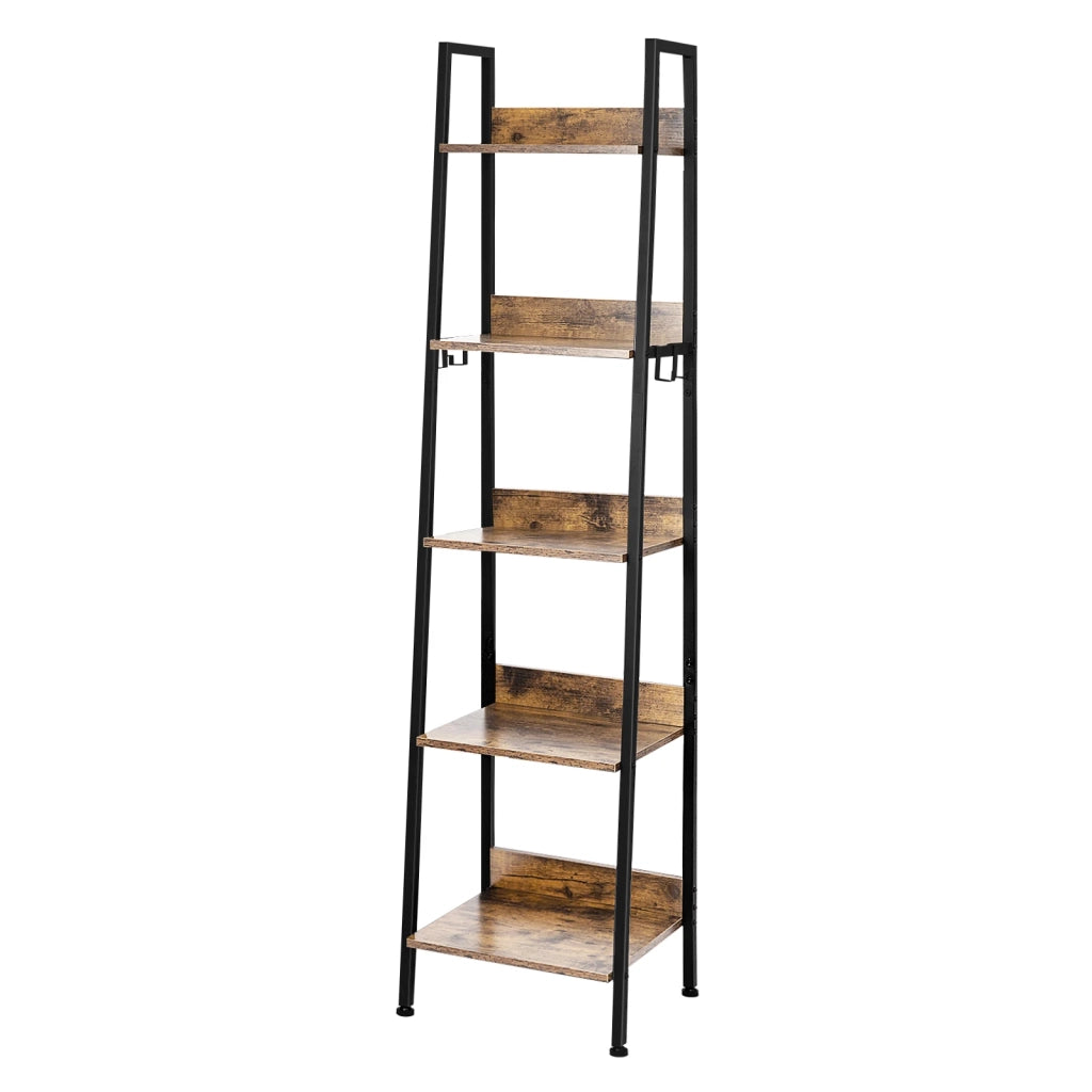 Scaffale a scala 5 ripiani, metallo nero e MDF, 40x36x170 cm, con ganci e antiribaltamento