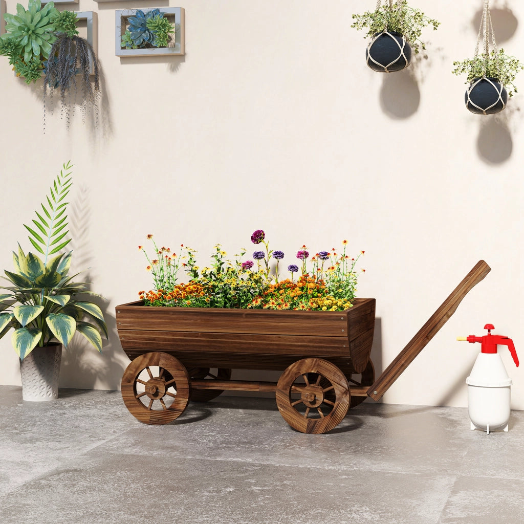 Carrello Giardino Legno con 4 Ruote e Manico ¨C zephmum ¨C 115x40x54,5 cm Carbonizzato
